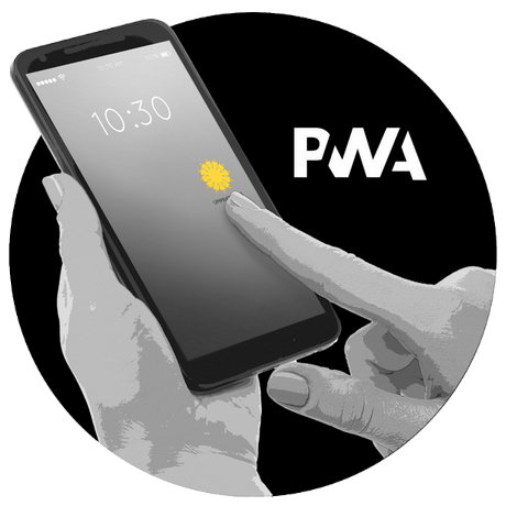 Um círculo preto destaca as mãos de uma pessoa operando um celular. O dedo indicador toca o ícone UMPRATODOS na tela. Ao lado, as letras em branco: PWA.