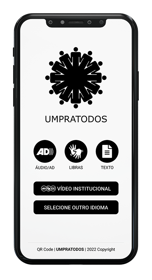 Ilustração da tela de um celular exibindo dois menus do app, em animação. Na primeira imagem o menu para os idiomas Português com acessibilidade, Inglês e Espanhol. Na segunda, o menu acessível com opções para Audiodescrição, Libras e texto.