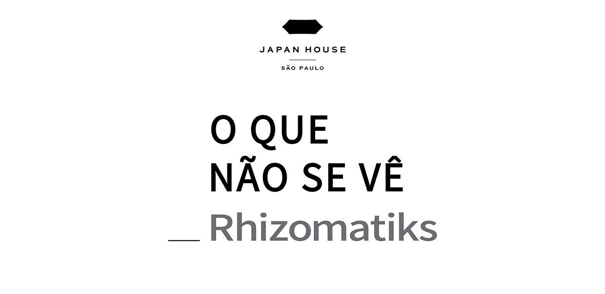 Sobre fundo branco, em preto, ocupando duas linhas, o texto: “O Que Não Se Vê”. Abaixo, em cinza: “Rhizomatiks”. Do lado esquerdo da letra “R” há um underline, também cinza. Acima, logo da Japan House São Paulo.